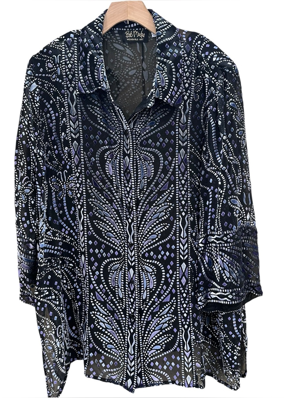 Bob Mackie Wearable Art 2X Burnout Velvet Black Blue Purple Top Butterfly Sheer